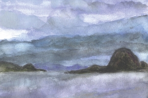 Approaching Ålesund, 2013, watercolour, 19x24 cm, unframed $500