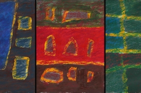 Homage to Charlotte Salomon 3, 2020, triptych, acrylic + oil pastels on paper, 3@30x22cm