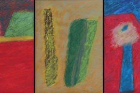 Homage to Charlotte Salomon 6, 10/2021, triptych, arcrylic + oil pastels on paper, 3@30x22cm